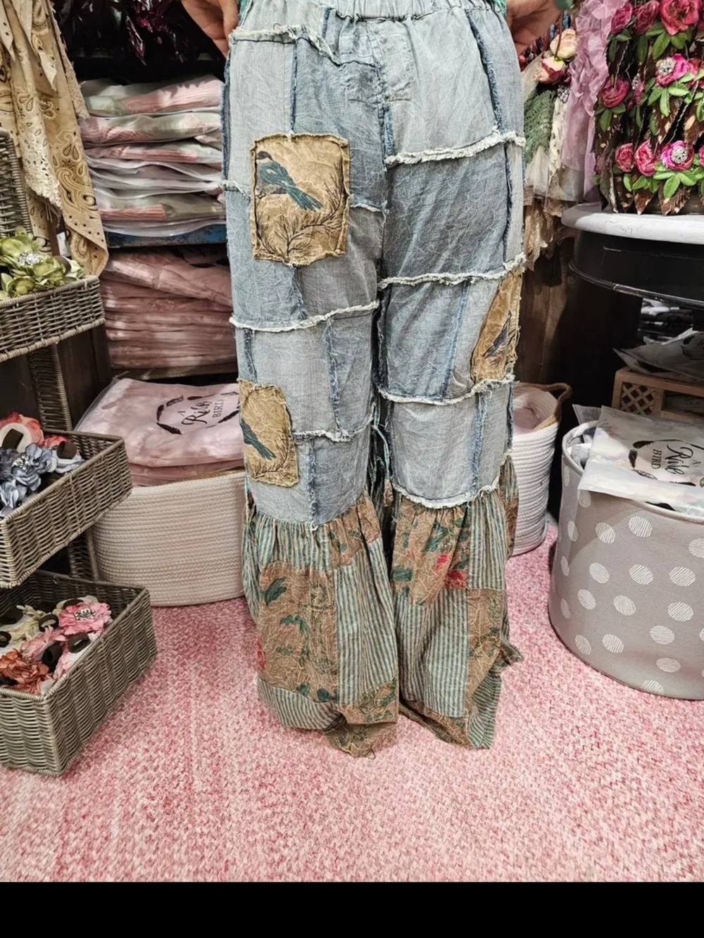 A RARE BIRD Pocket Full Of Birds Boho Patchwork Wide-Leg Pants in Light Blue
